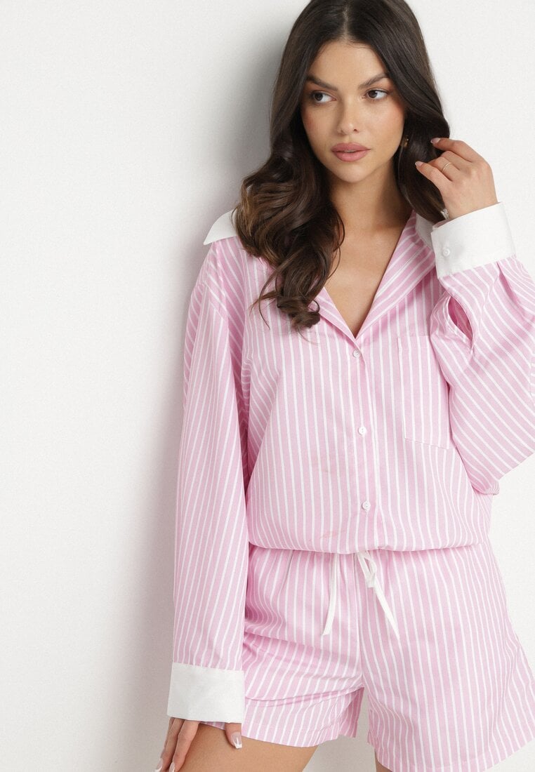 Różowa Koszula w Paski z Kontrastowymi Mankietami i Kołnierzykiem Zarona
