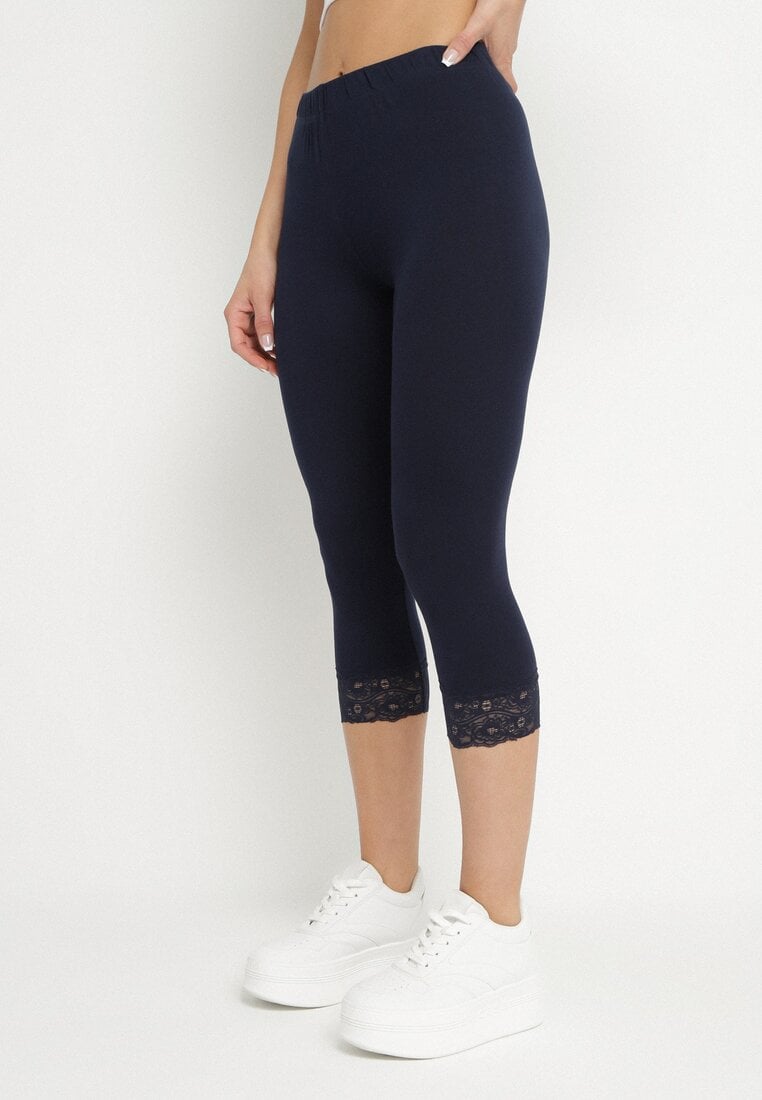 Granatowe Legginsy Bawełniane z Elastyczną Gumką i Koronką na Nogawkach Efrine