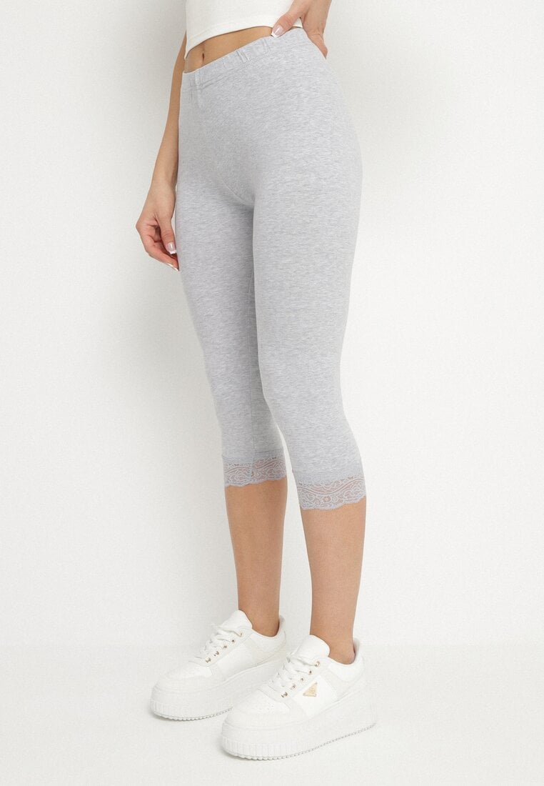 Szare Legginsy Bawełniane z Elastyczną Gumką i Koronką na Nogawkach Efrine