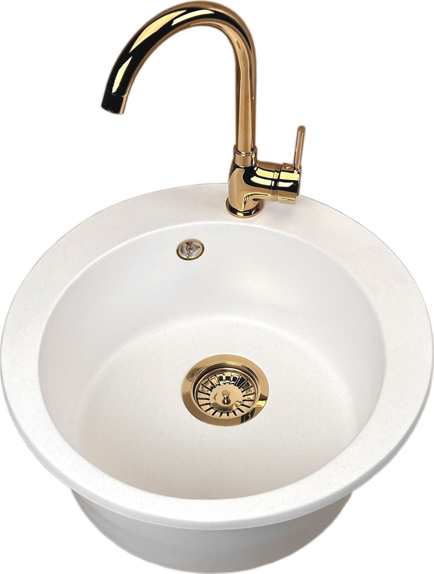 Zlewozmywak PREHNIT Zlewozmywak jednokomorowy okrągły VIVA biały + bateria złota