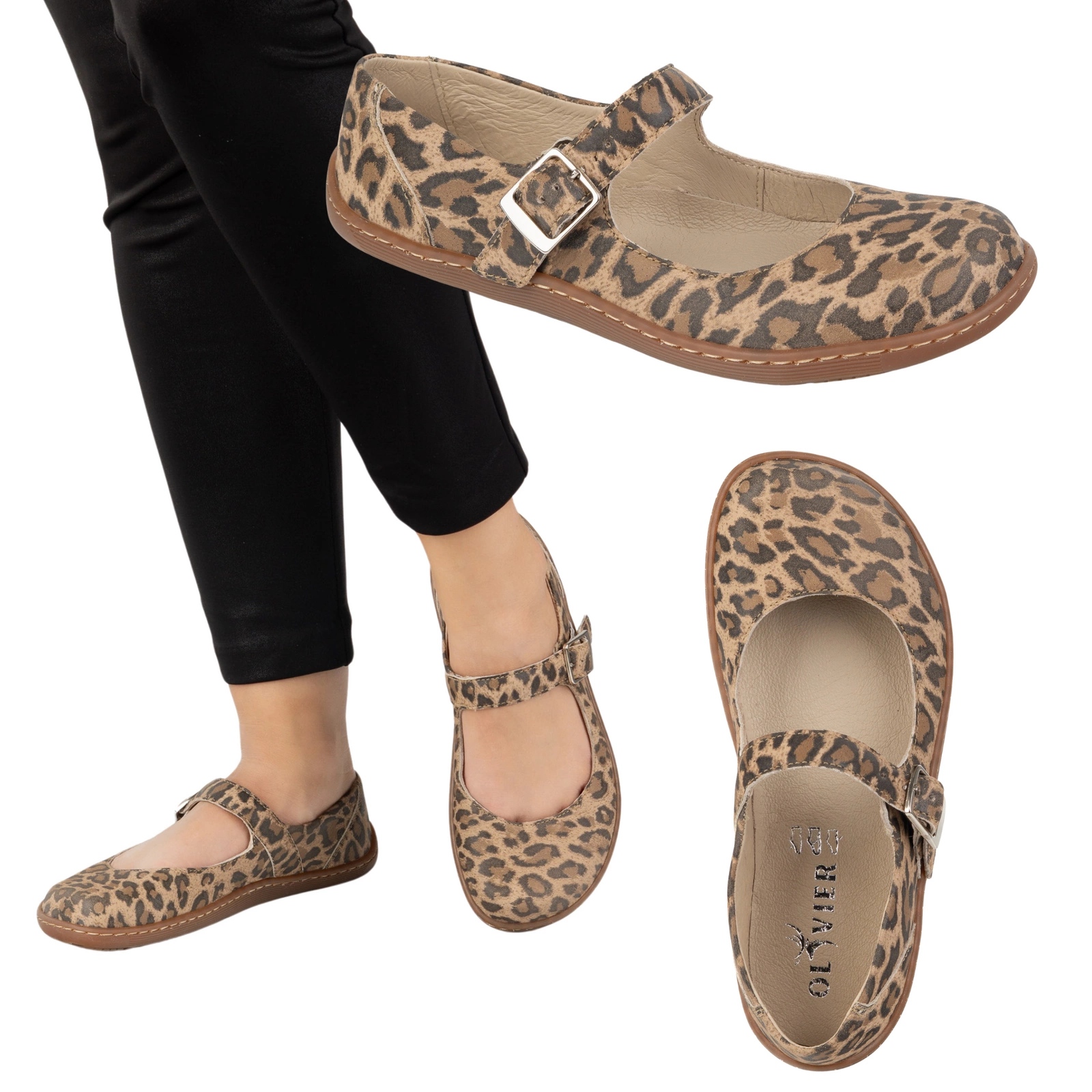 Baleriny barefoot damskie Olivier 1286 – skórzane buty z klamerką do codziennych i eleganckich stylizacji panterka brązowe