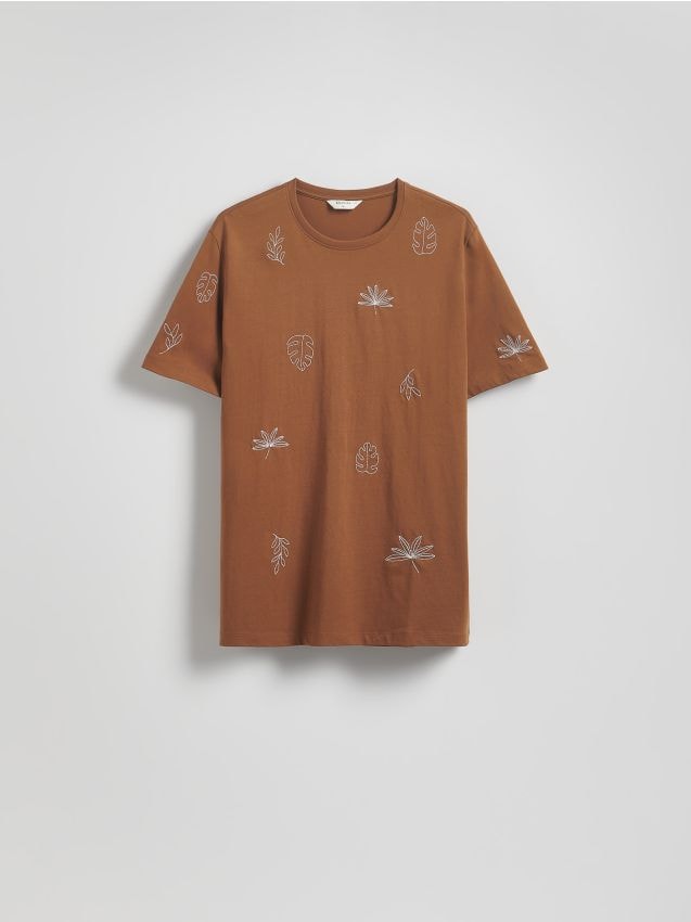 Reserved - T-shirt regular z haftem - warm olive