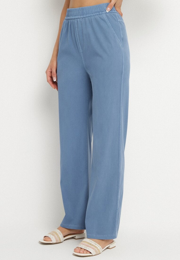 Niebieskie Spodnie Dresowe z Wiskozą o Szerokim Kroju z Wysokim Stanem Lintenera