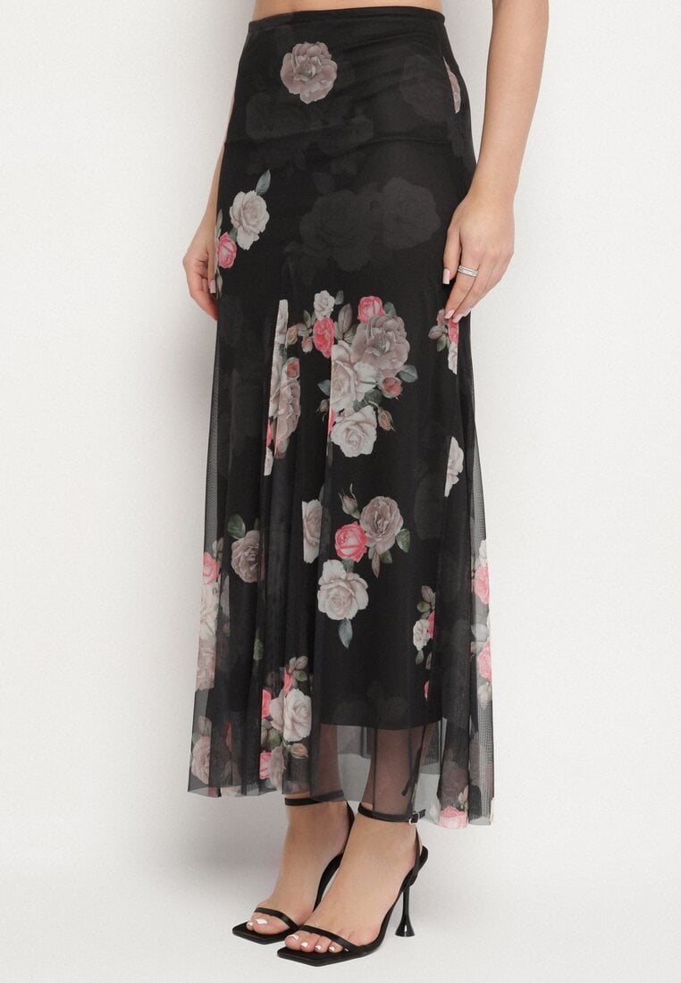Czarna Spódnica Rozkloszowana w Kwiaty Efronira