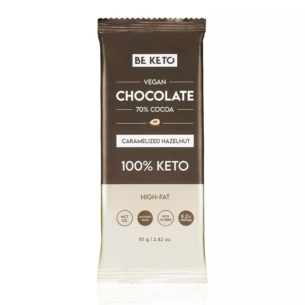 BeKeto Wegańska Keto Czekolada z Olejem MCT 80g – Karmelizowany Orzech Laskowy