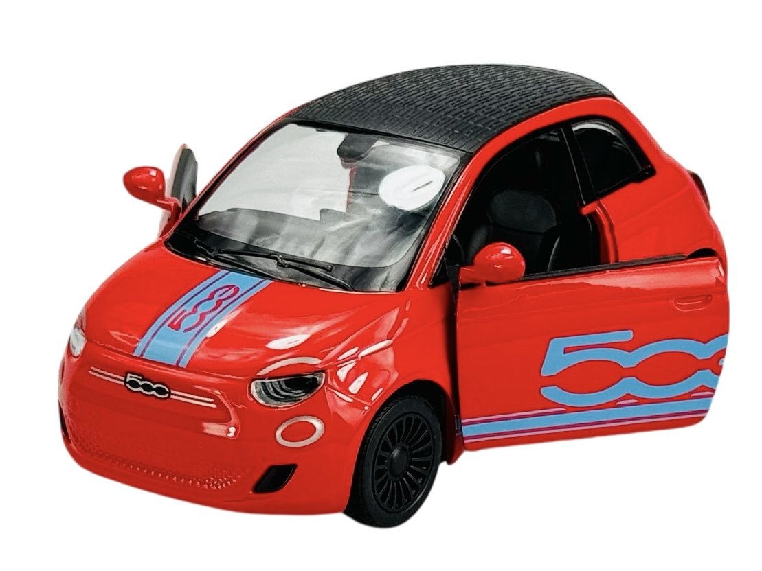 KINSMART FIAT 500e CZERWONY Z NAPISEM 1:28 BEZ PUDEŁKA KT5440