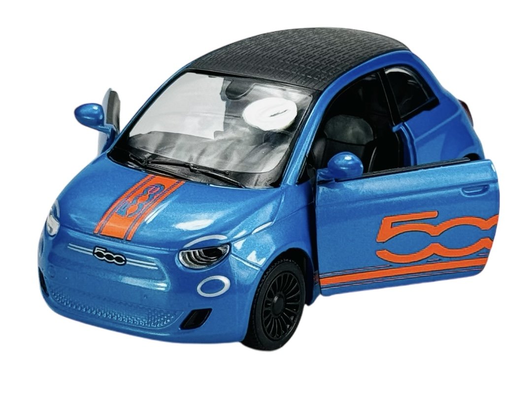 KINSMART FIAT 500e NIEBIESKI Z NAPISEM 1:28 BEZ PUDEŁKA KT5440