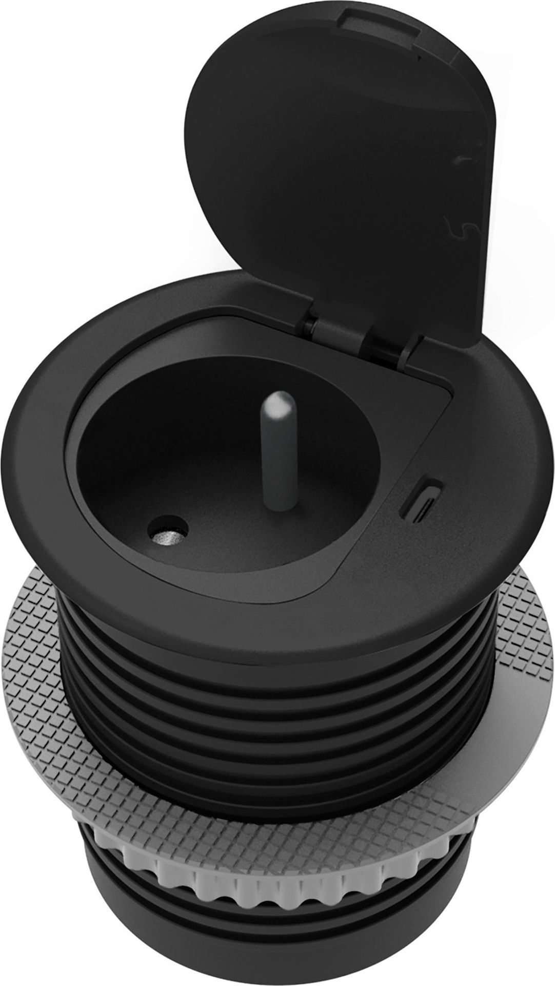 Orno Gniazdo meblowe ?6cm wpuszczane w blat z pokrywką, ładowarką USB i przewodem 1,9m, 1x2P+Z French, 1xUSB typ C; 20W, czarne