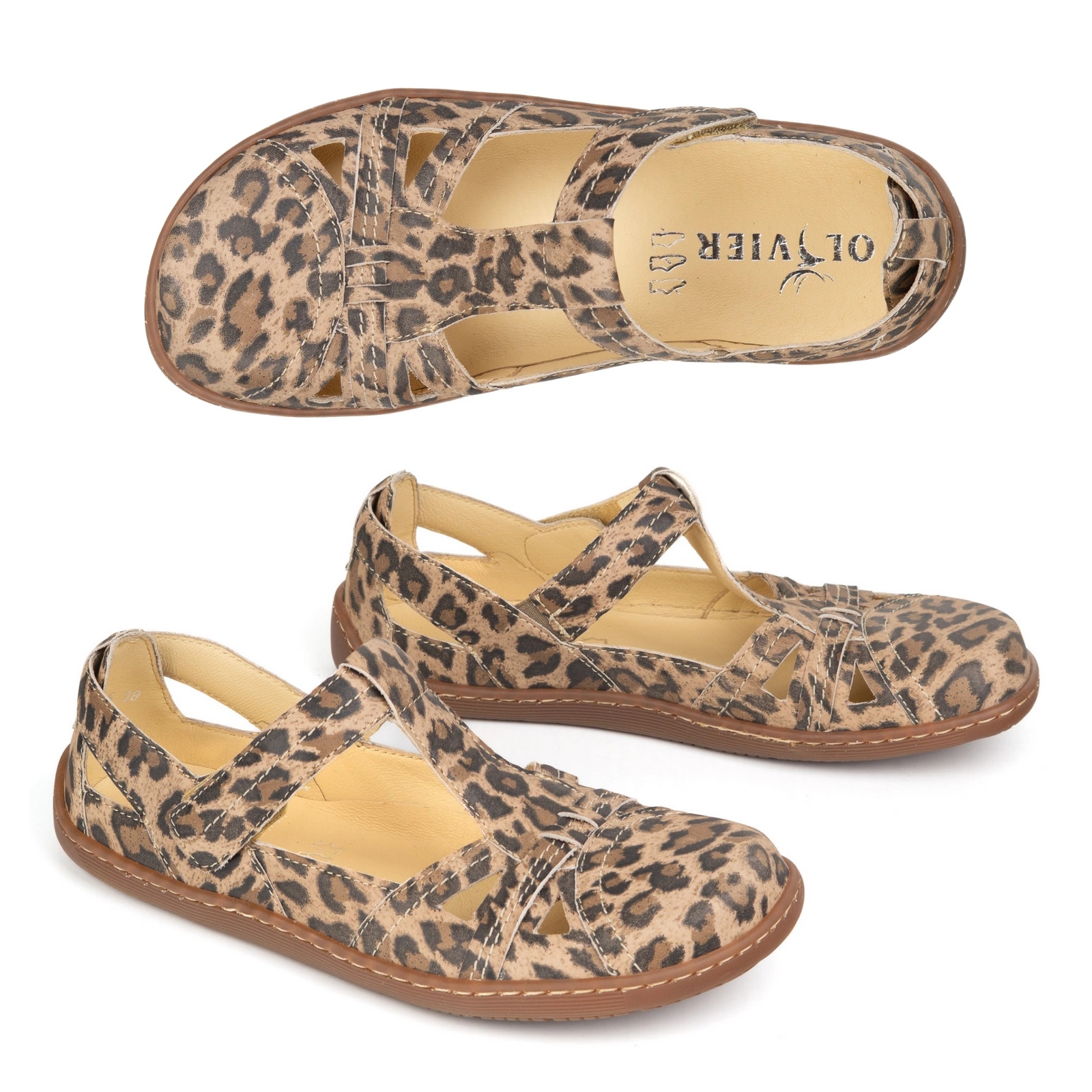 Buty damskie Barefoot Ultralekkie półsandały Olivier 1285 na rzep panterka brązowe