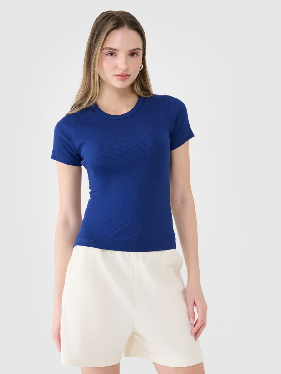 4F T-shirt slim z prążkowanej dzianiny damski 4FWSS25TTSHF1968-30S Niebieski Roz. XS