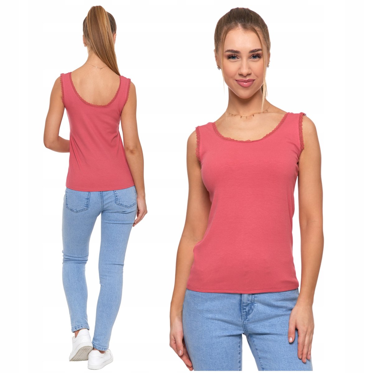 Elegancki TOP DAMSKI Bokserka Koronkowe Wykończenie Prążkowany MORAJ S