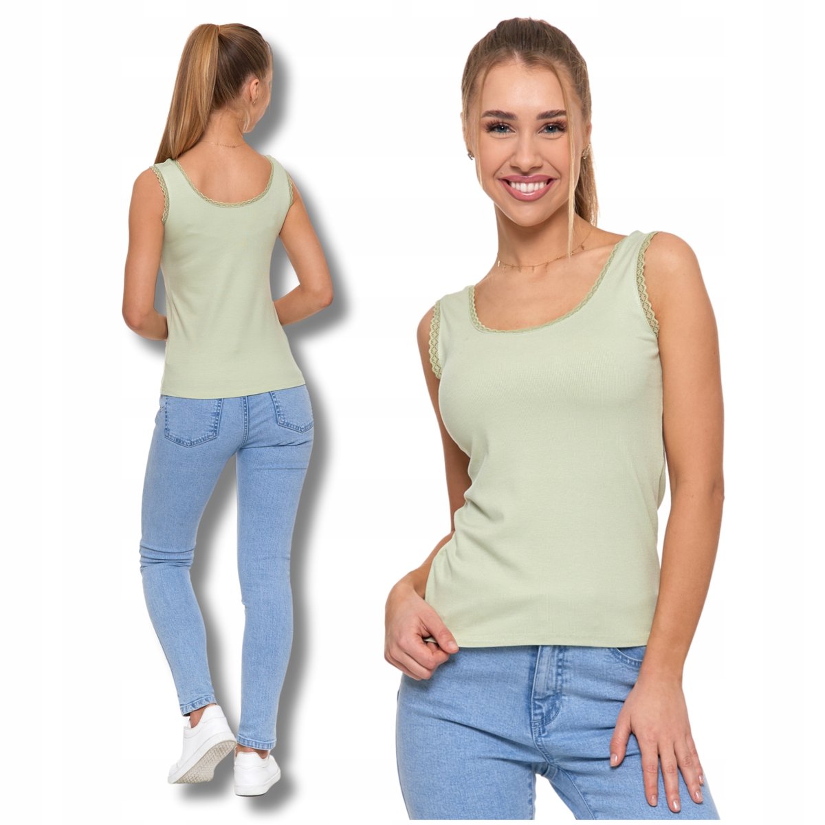 Elegancki TOP DAMSKI Bokserka Koronkowe Wykończenie Prążkowany MORAJ L