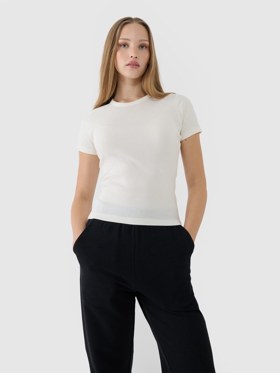 4F T-shirt slim z prążkowanej dzianiny damski 4FWSS25TTSHF1968-11S Biały Roz. M