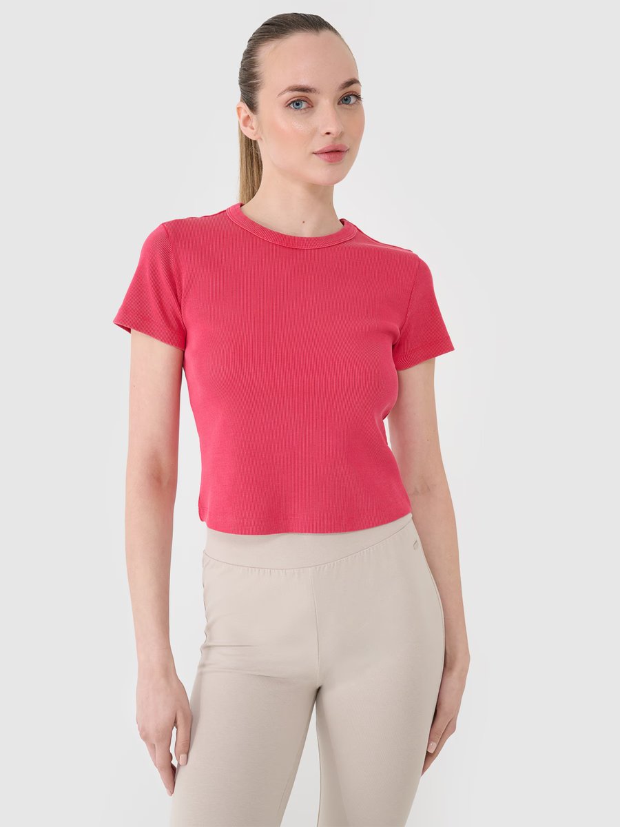 4F T-shirt slim z prążkowanej dzianiny damski 4FRSS25TTSHF2696-54S Różowy Roz. S