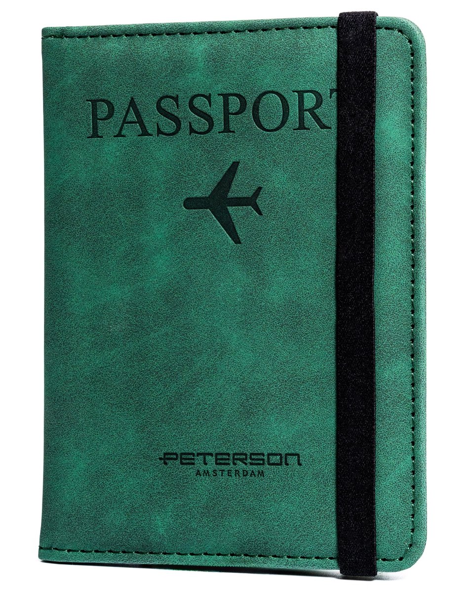PETERSON Zielone etui na paszport karty dokumenty zamykane na elastyczną gumkę przegródki na karty SIM skóra ekologiczna