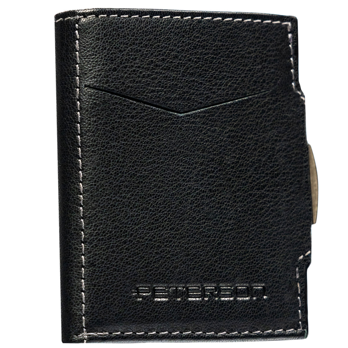 Skórzany, mały, pionowy portfel męski na zatrzask PETERSON czarny klasyczny zewnętrzna zamykana na suwak kieszeń na bilon ochrona RFID STOP