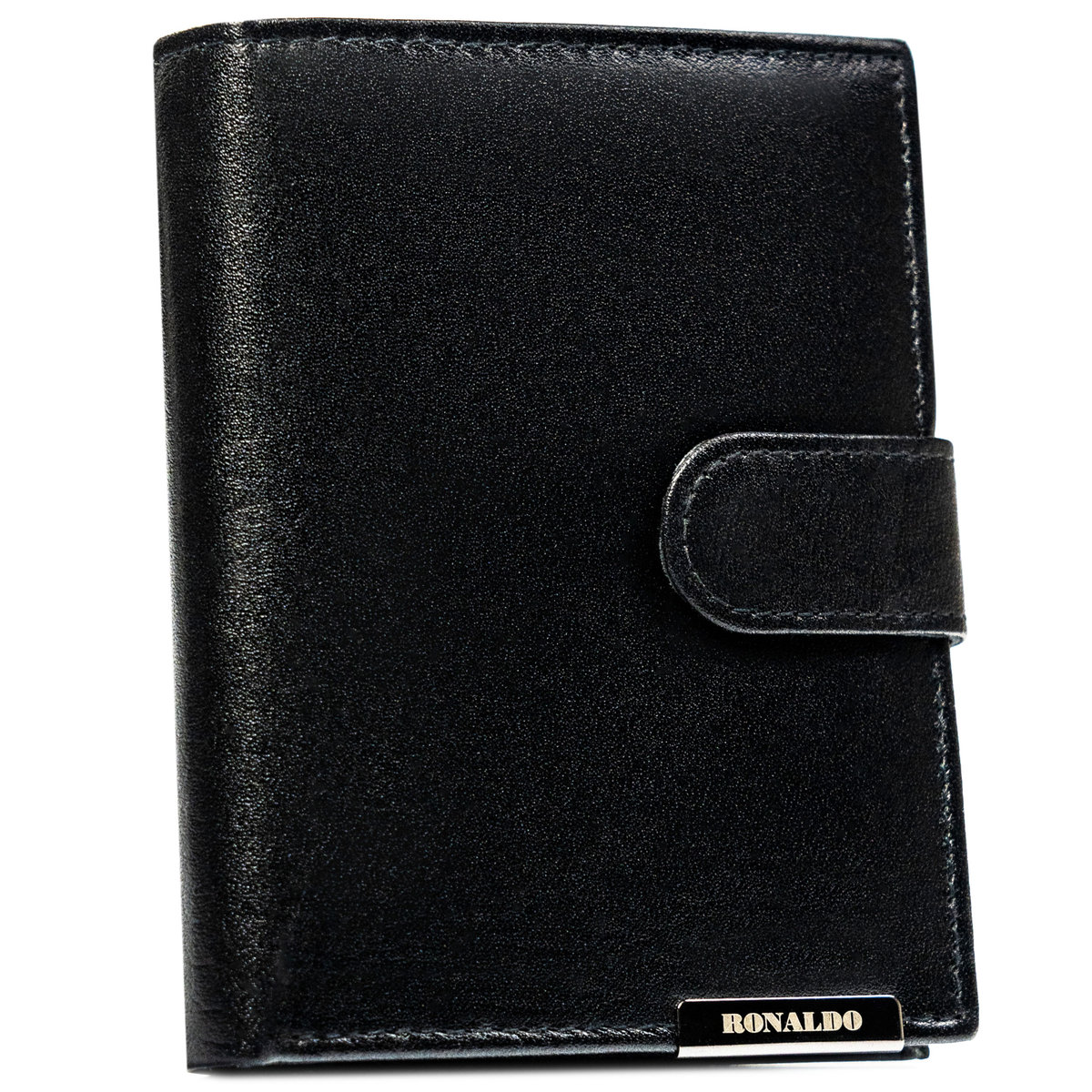 Elegancki czarny klasyczny portfel męski ze skóry naturalnej RONALDO pionowy zamykany na zatrzask rozbudowany na karty i dokumenty mieści dowód reje..