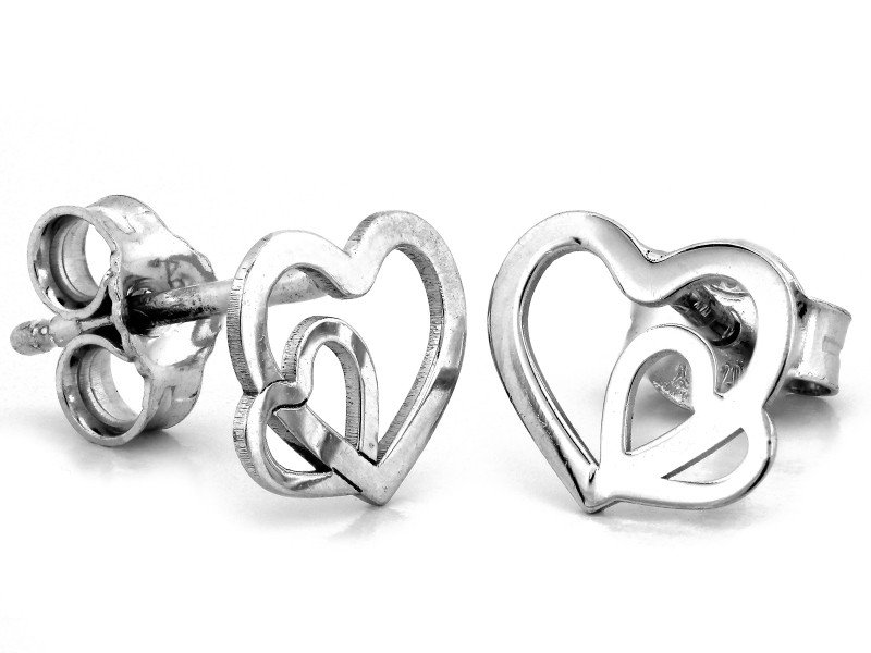 Romantyczne srebrne kolczyki 925 z motywem dwóch delikatnych serc na sztyfcie s