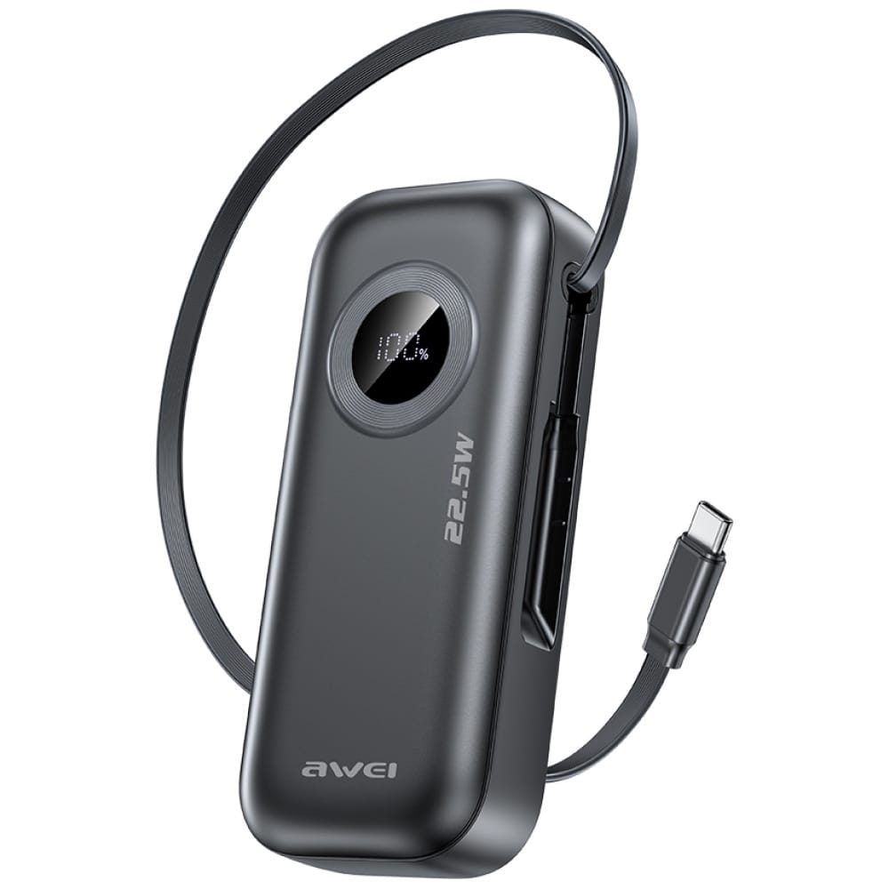 Awei PA-9 10000mAh 22.5W z wyciąganym kablem czarny/black