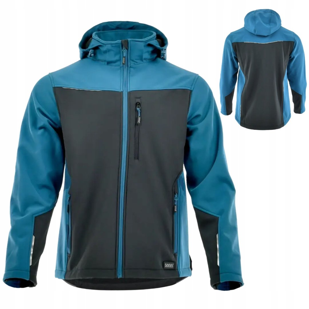 Kurtka SOFTSHELL roboczy CZARNY wodoodporny z kapturem odblaski