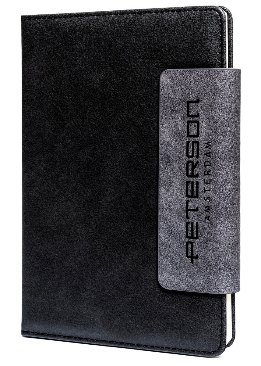 Elegancki notes A5 w linie czarna sztywna okładka ze skóry ekologicznej magnetyczne zapięcie PETERSON