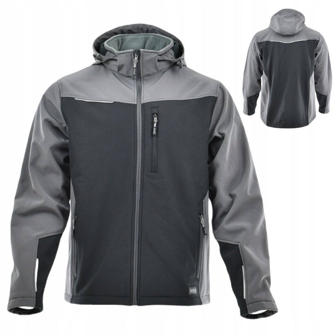 Kurtka SOFTSHELL roboczy CZARNO-SZARY wodoodporny z kapturem odblaski