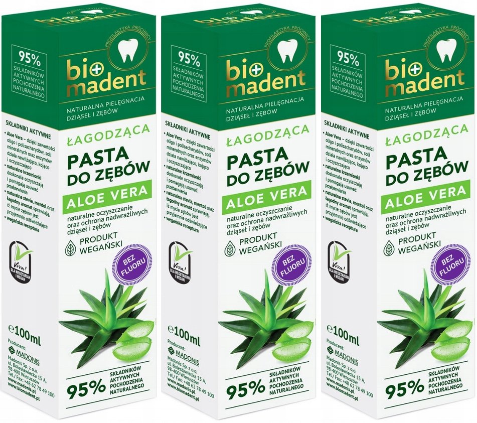 PASTA DO ZĘBÓW WRAŻLIWYCH BEZ FLUORU ŁAGODZĄCA ALOE VERA BIO MADENT 100ml