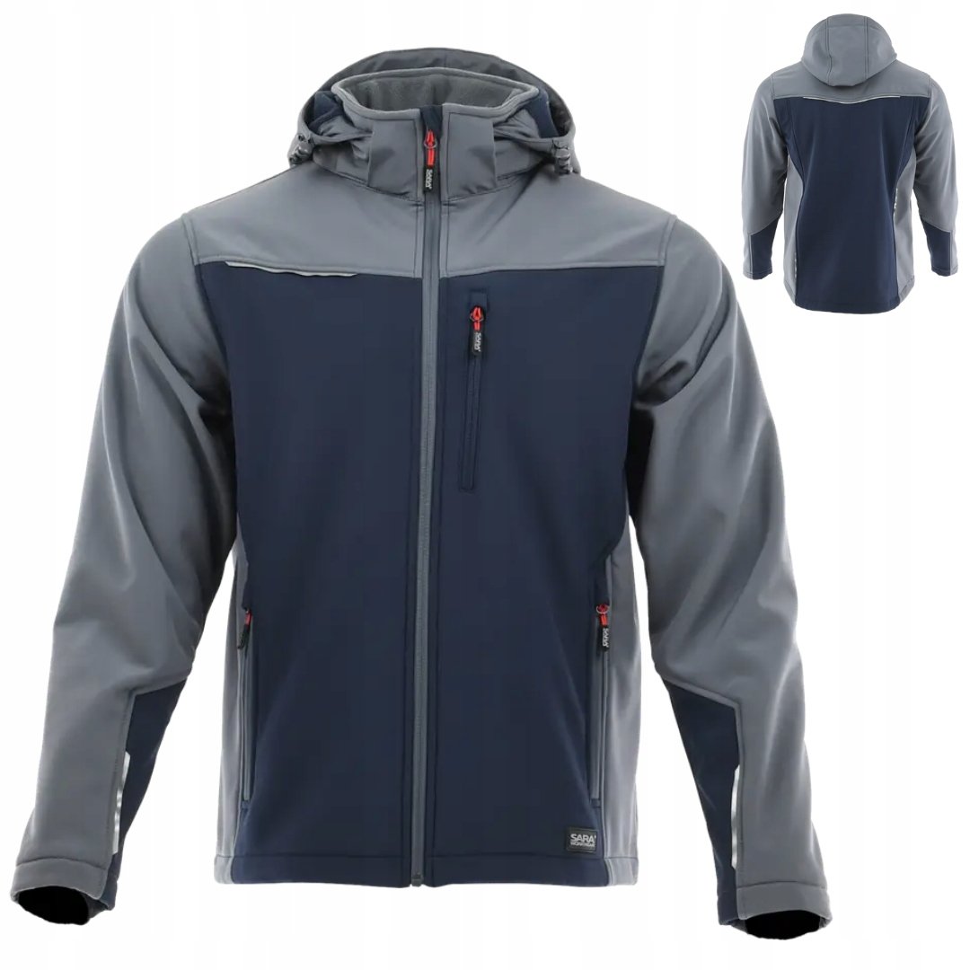 Kurtka SOFTSHELL roboczy GRANATOWO-SZARY wodoodporny z kapturem odblaski