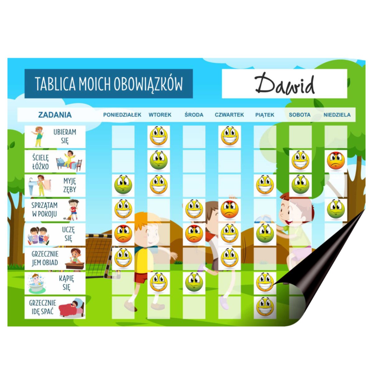 Magnetyczna tablica zadań na lodówkę Planer obowiązków dla dzieci + buźki