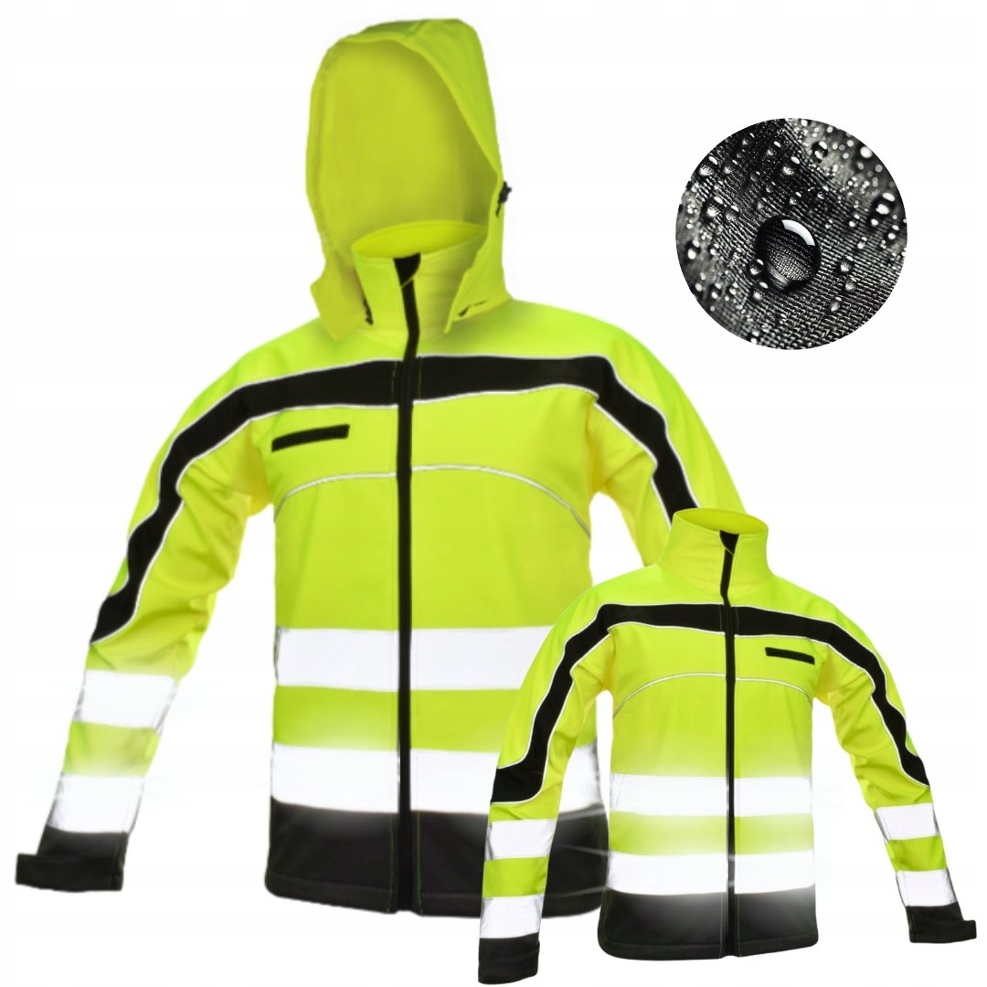 KURTKA SOFTSHELL OSTRZEGAWCZA ODBLASKOWA Z KAPTUREM WODOODPORNA XXL
