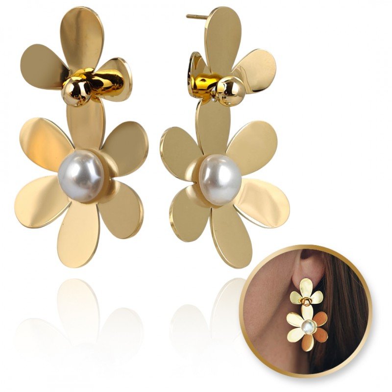 Kolczyki ze stali szlachetnej platerowane 14k złotem KWIATY perełki KST3381