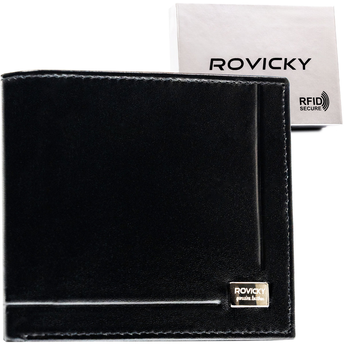Mały skórzany portfel męski w orientacji poziomej ROVICKY klasyczny elegancki na gotówkę i karty pudełko prezentowe ochrona RFID STOP
