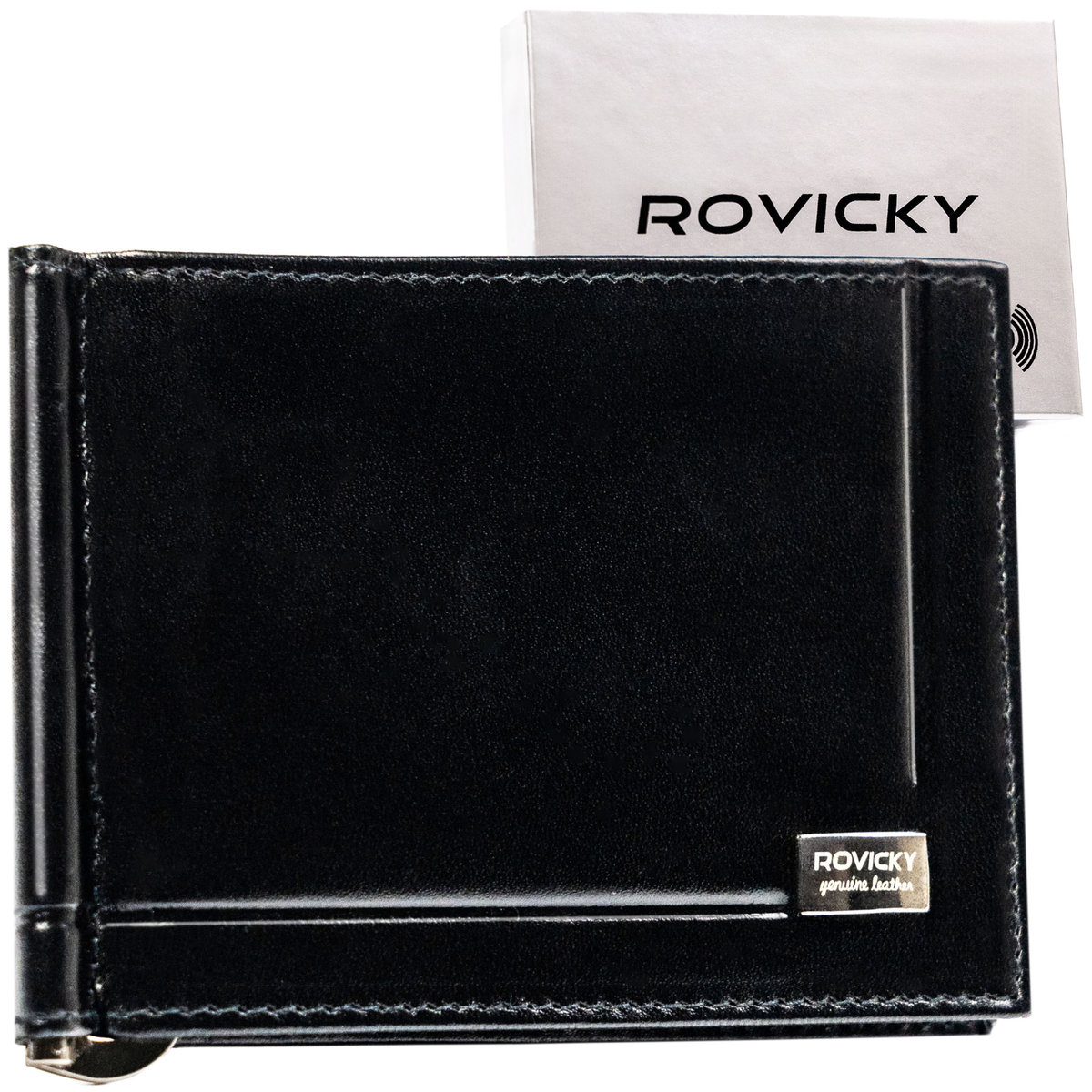 Skórzany czarny poziomy portfel męski na banknoty etui na karty dokumenty ROVICKY banknotówka bez zapięcia ultra slim klips na banknoty ochrona RFID..