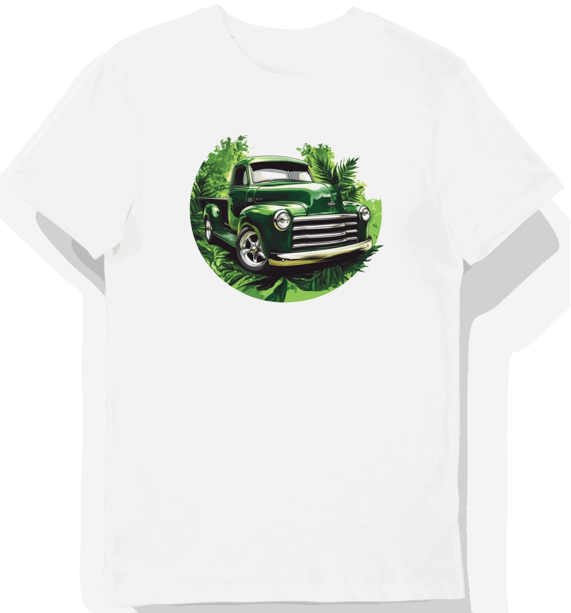Koszulka męska biała z nadrukiem zielonych klasycznych ciężarówek 3XL