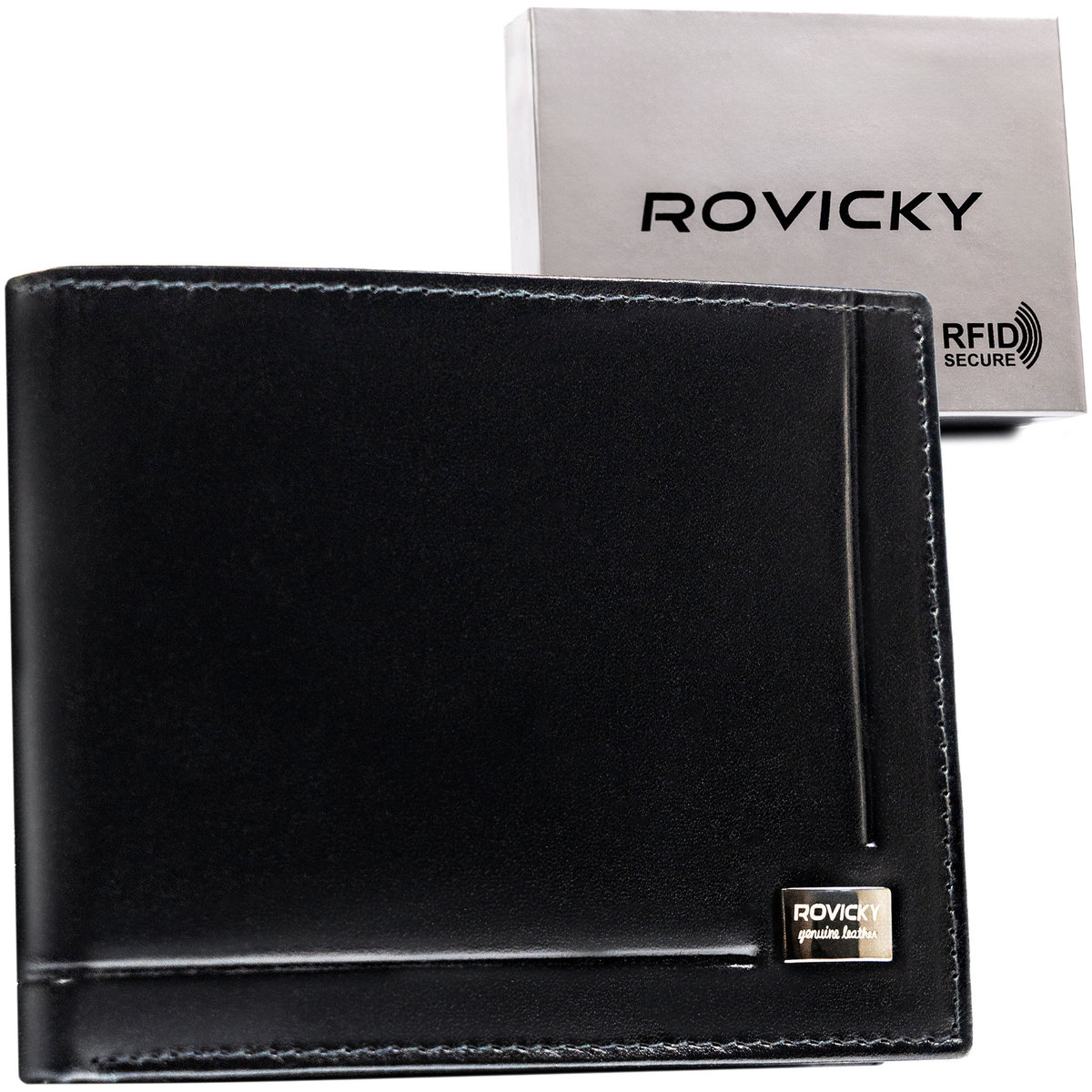 Elegancki klasyczny duży poziomy portfel męski z licowej skóry naturalnej ROVICKY rozbudowany na karty i dokumenty pudełko prezentowe ochrona RFID S..