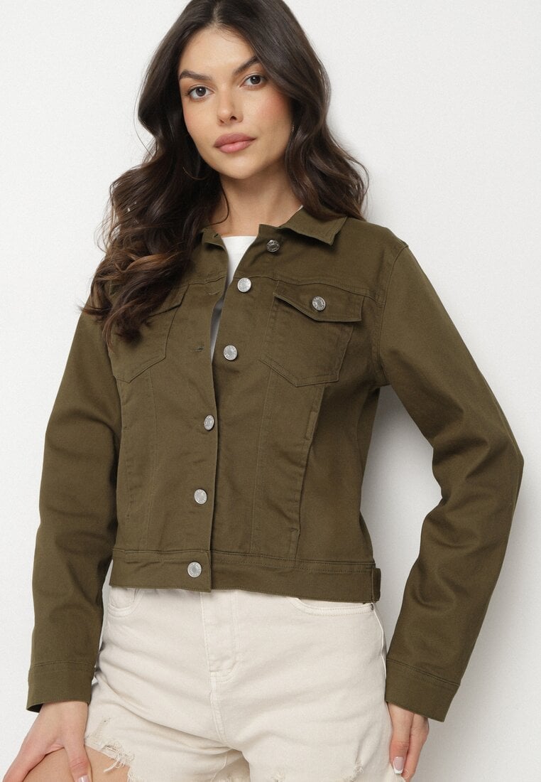 Ciemnozielona Bawełniana Kurtka Jeansowa Zapinana na Metalowe Guziki Auratia