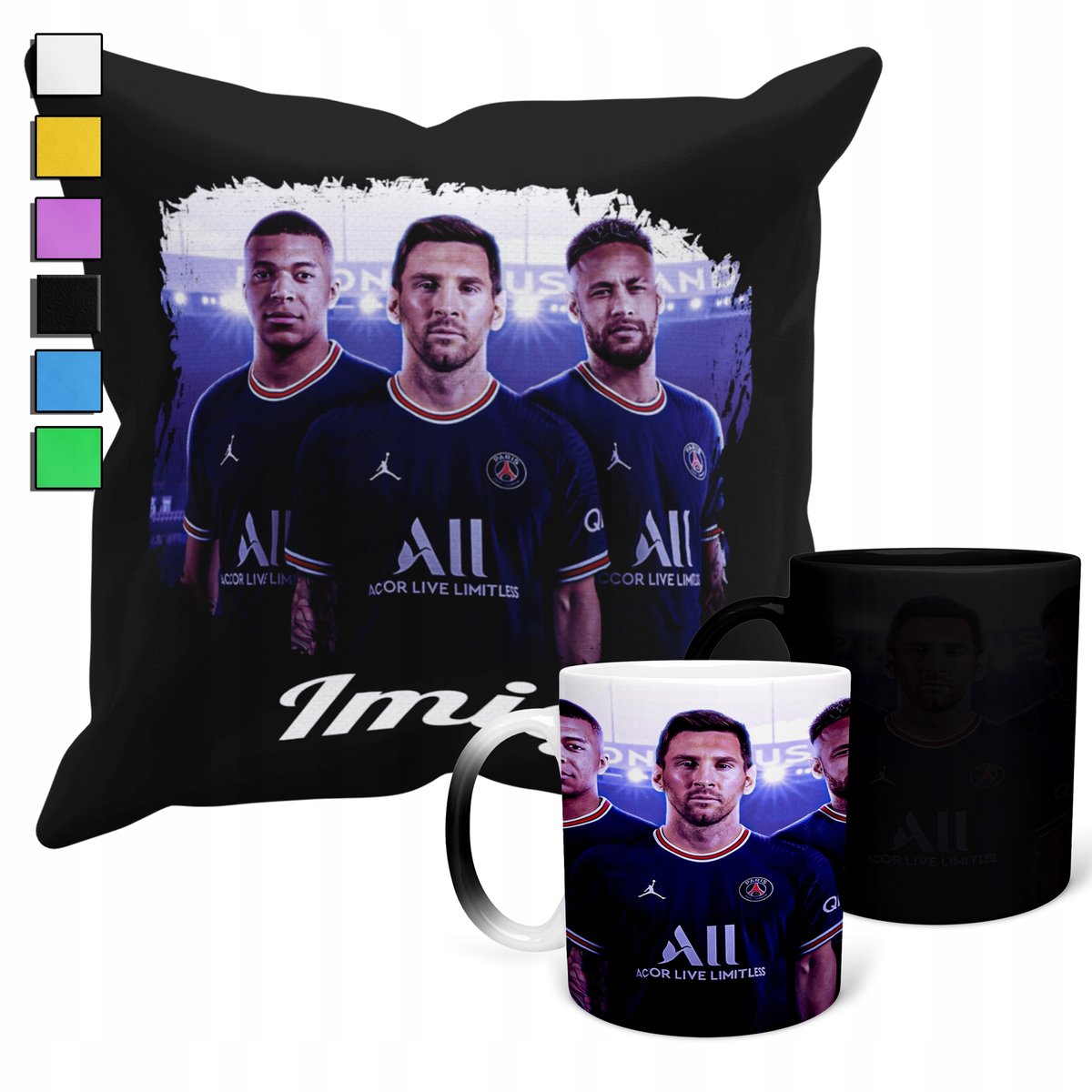 ZESTAW KUBEK MAGICZNY + POSZEWKA Z PODUSZKĄ- MESSI,NEYMAR,MBAPPE PSG + IMIĘ