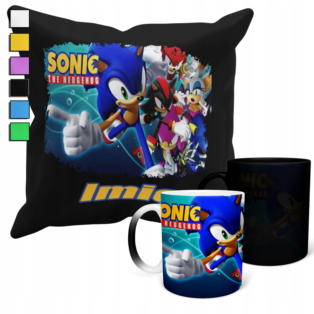 ZESTAW KUBEK MAGICZNY ZMIENIAJĄCY KOLOR + POSZEWKA SONIC BŁYSKAWICA + IMIĘ