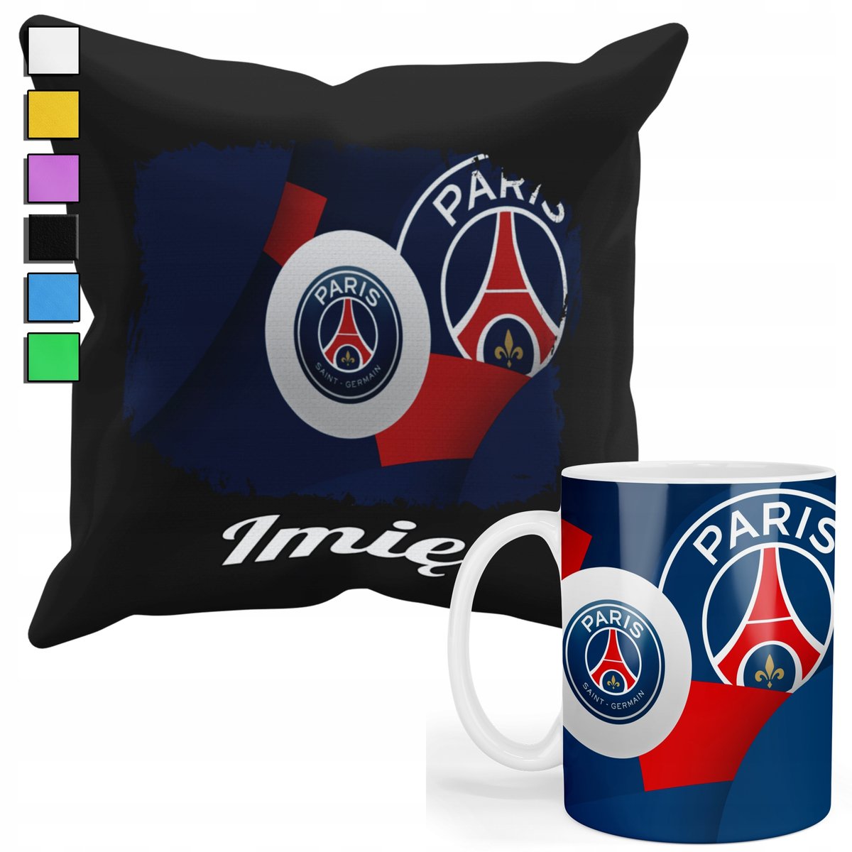ZESTAW KUBEK + PODUSZKA Z POSZEWKĄ- PREZENT DLA FANATYKA PSG PIŁKA + IMIĘ