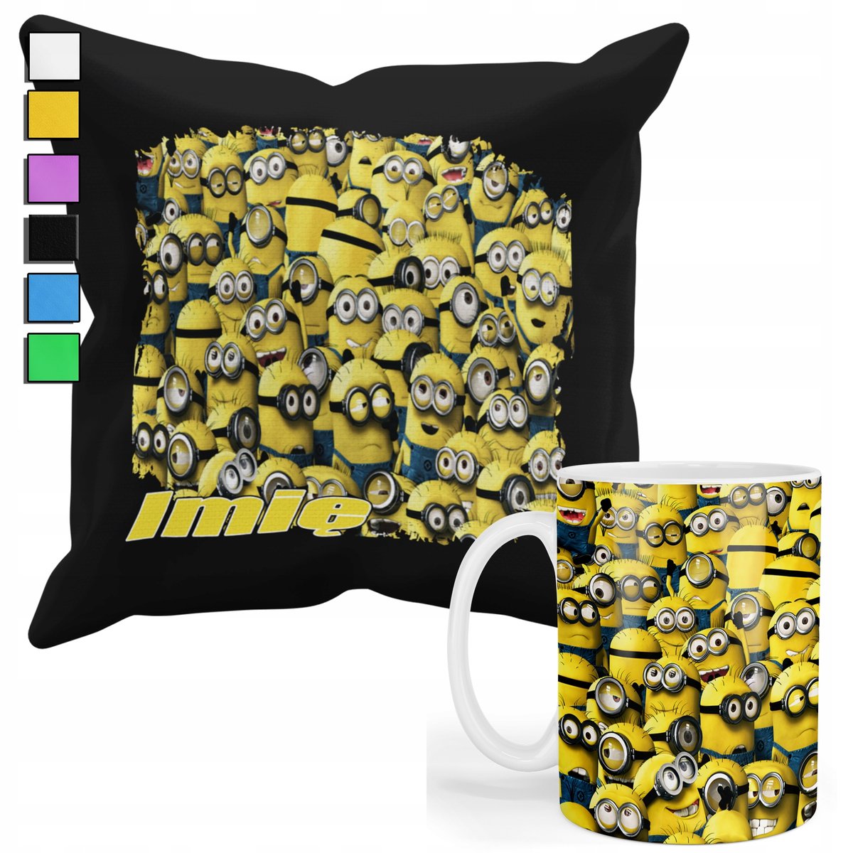 ZESTAW KUBEK + PODUSZKA Z POSZEWKĄ- PREZENT DLA FANA MINIONKI + IMIĘ