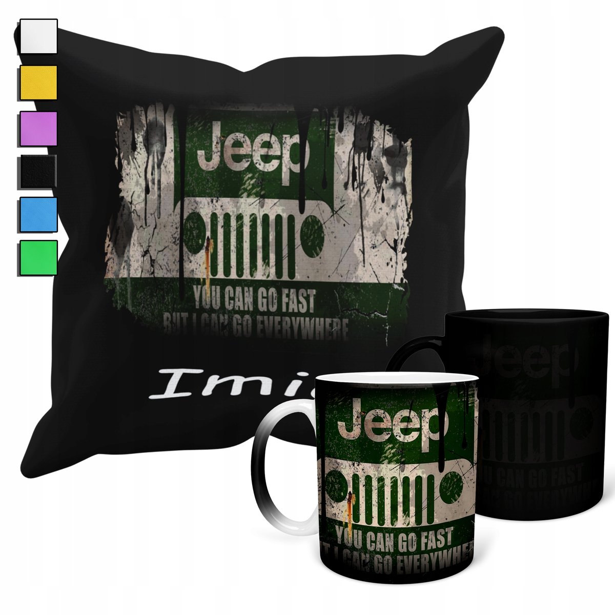 ZESTAW KUBEK MAGICZNY + POSZEWKA Z PODUSZKĄ- JEEP SAMOCHODY + IMIĘ