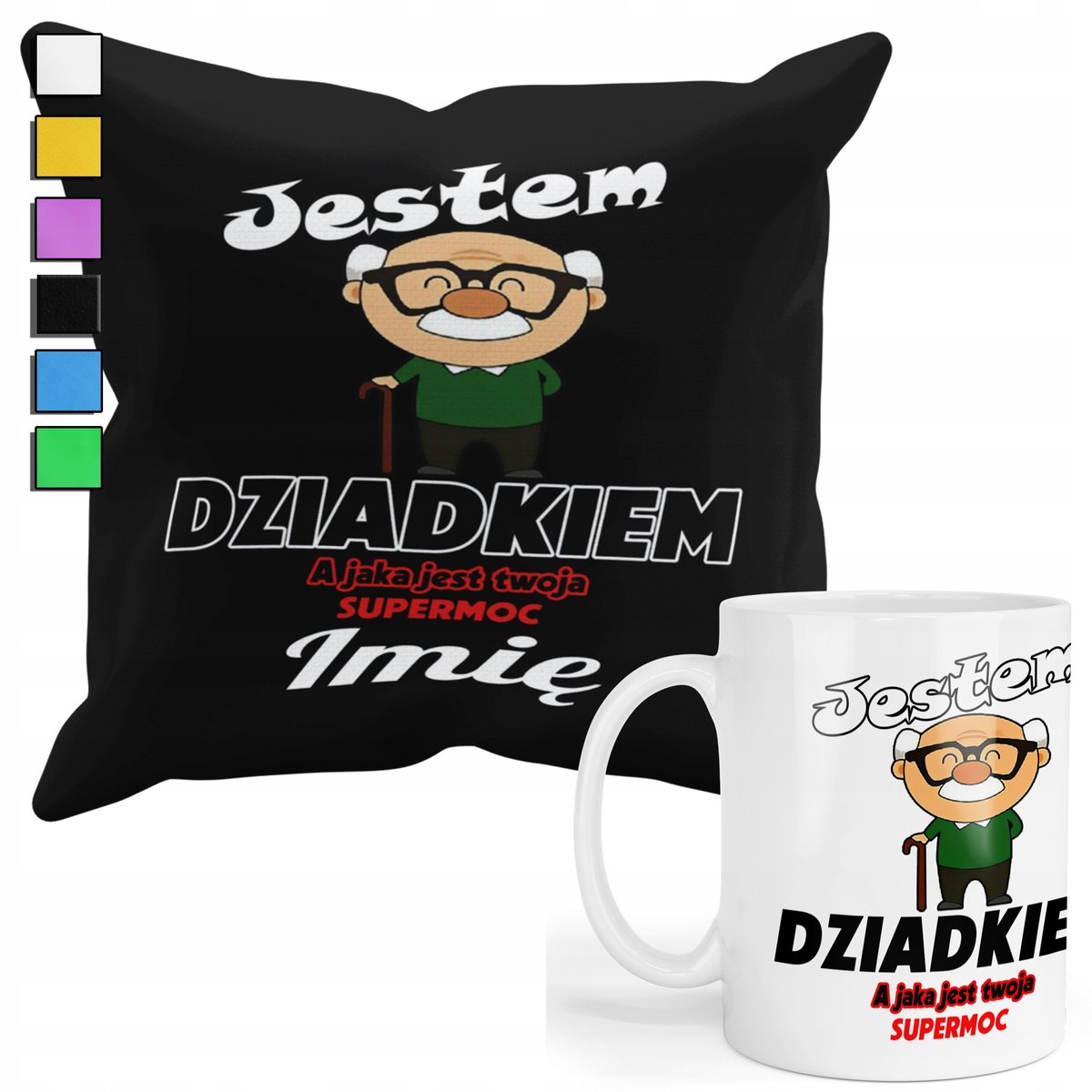 ZESTAW KUBEK + PODUSZKA Z POSZEWKĄ- PREZENT DLA FANA DZIEŃ DZIADKA + IMIĘ