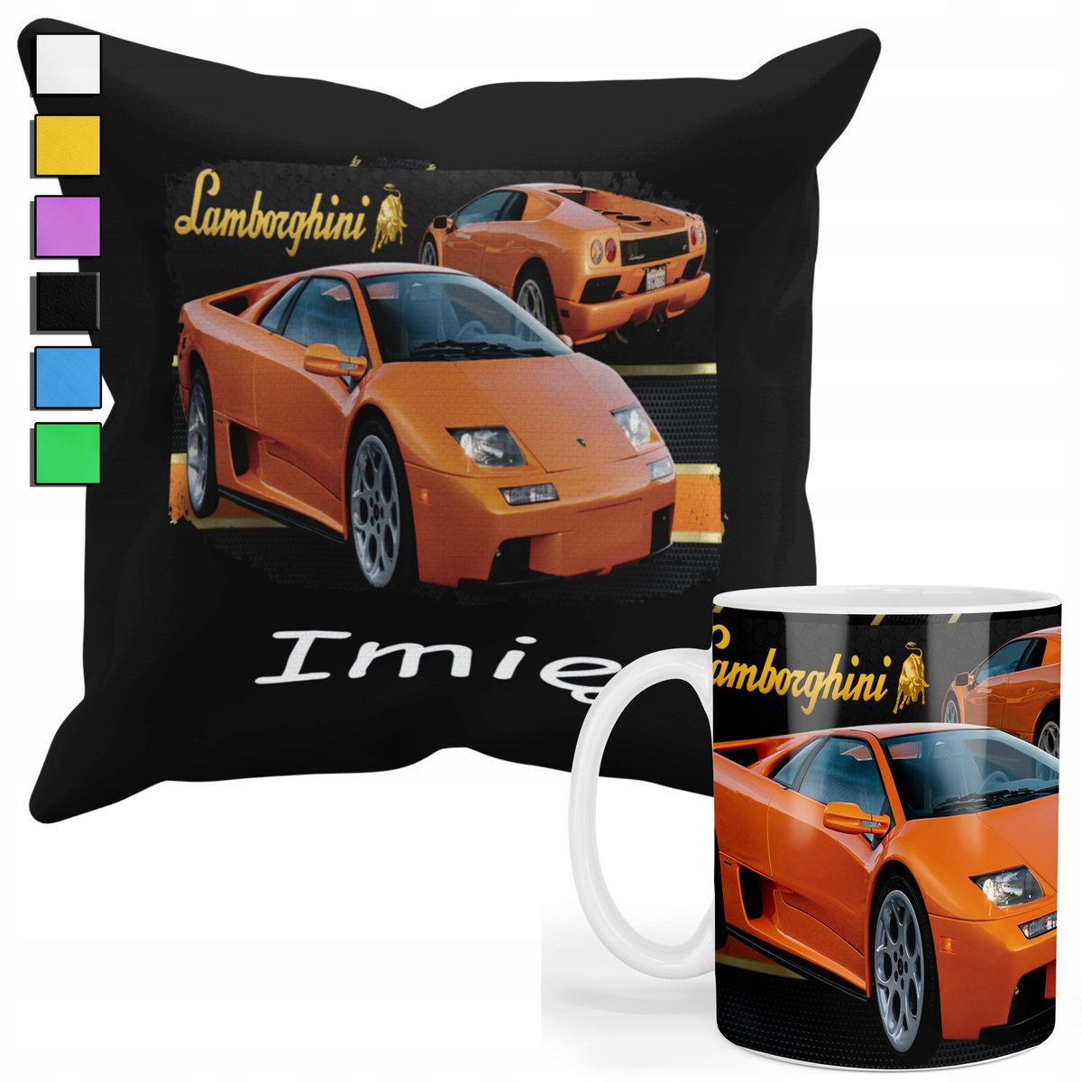 ZESTAW KUBEK + POSZEWKA Z NADRUKIEM-DLA FANA PREZENT AUTA LAMBO-RGHINI+IMIĘ