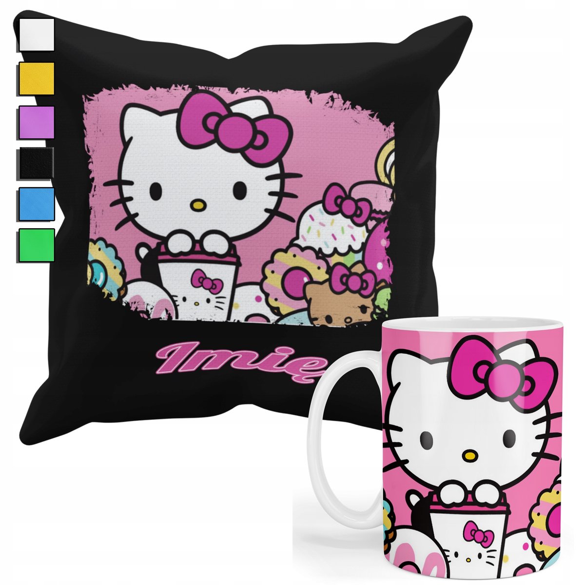 ZESTAW KUBEK + PODUSZKA Z POSZEWKĄ- PREZENT DLA FANA HALLO KITTY+ IMIĘ