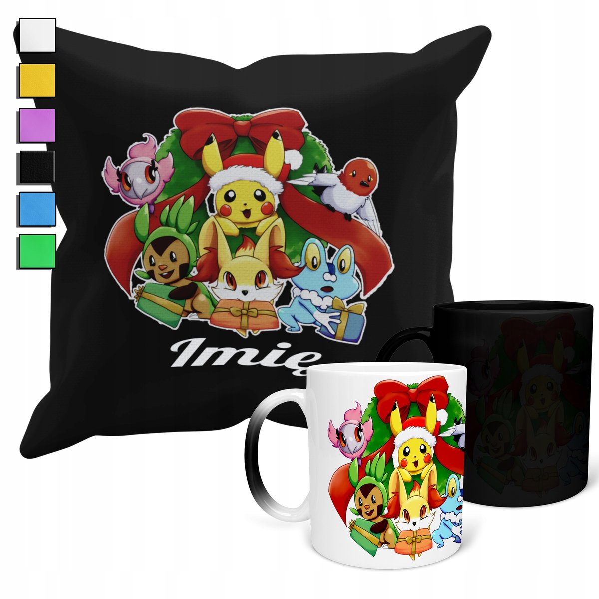 ZESTAW KUBEK MAGICZNY + POSZEWKA Z PODUSZKĄ- MIKOŁAJ ŚWIĘTA PREZENT + IMIĘ