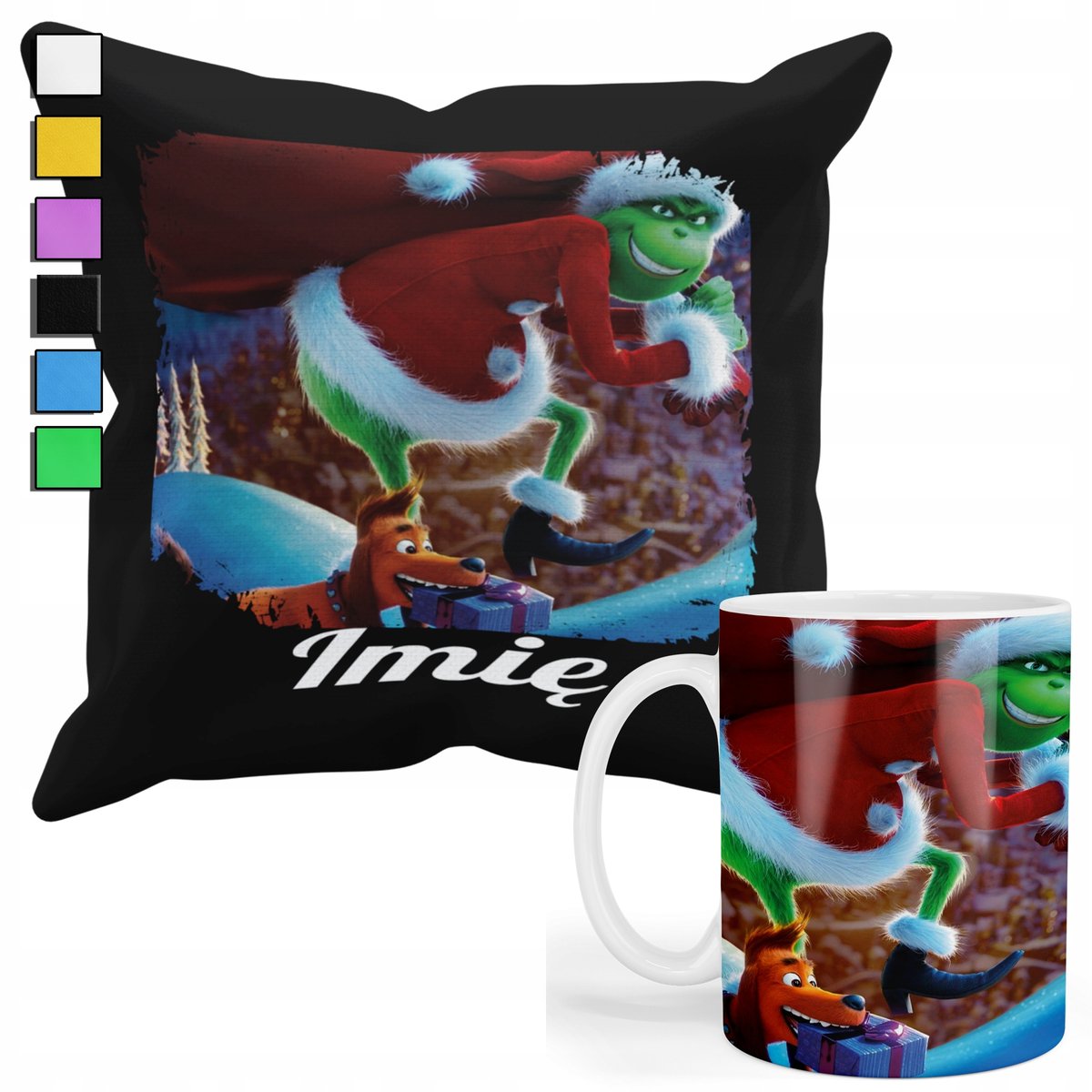 ZESTAW KUBEK + POSZEWKA Z NADRUKIEM-DLA FANA PREZENT GRINCH ŚWIĘTA +IMIĘ