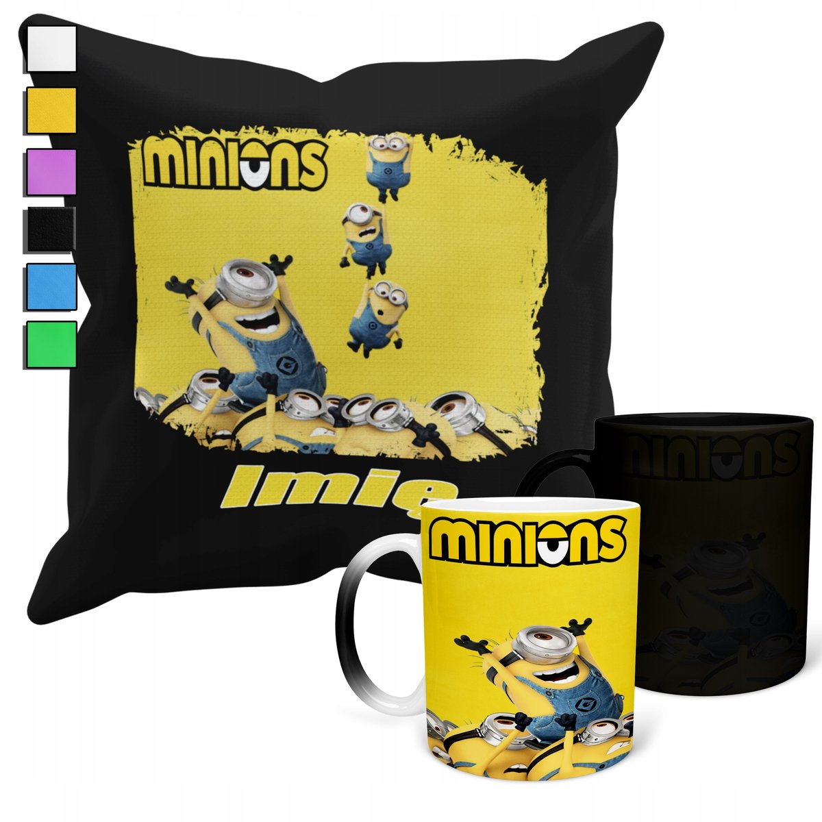 ZESTAW KUBEK MAGICZNY + POSZEWKA Z PODUSZKĄ-PREZENT MINIONKI + IMIĘ