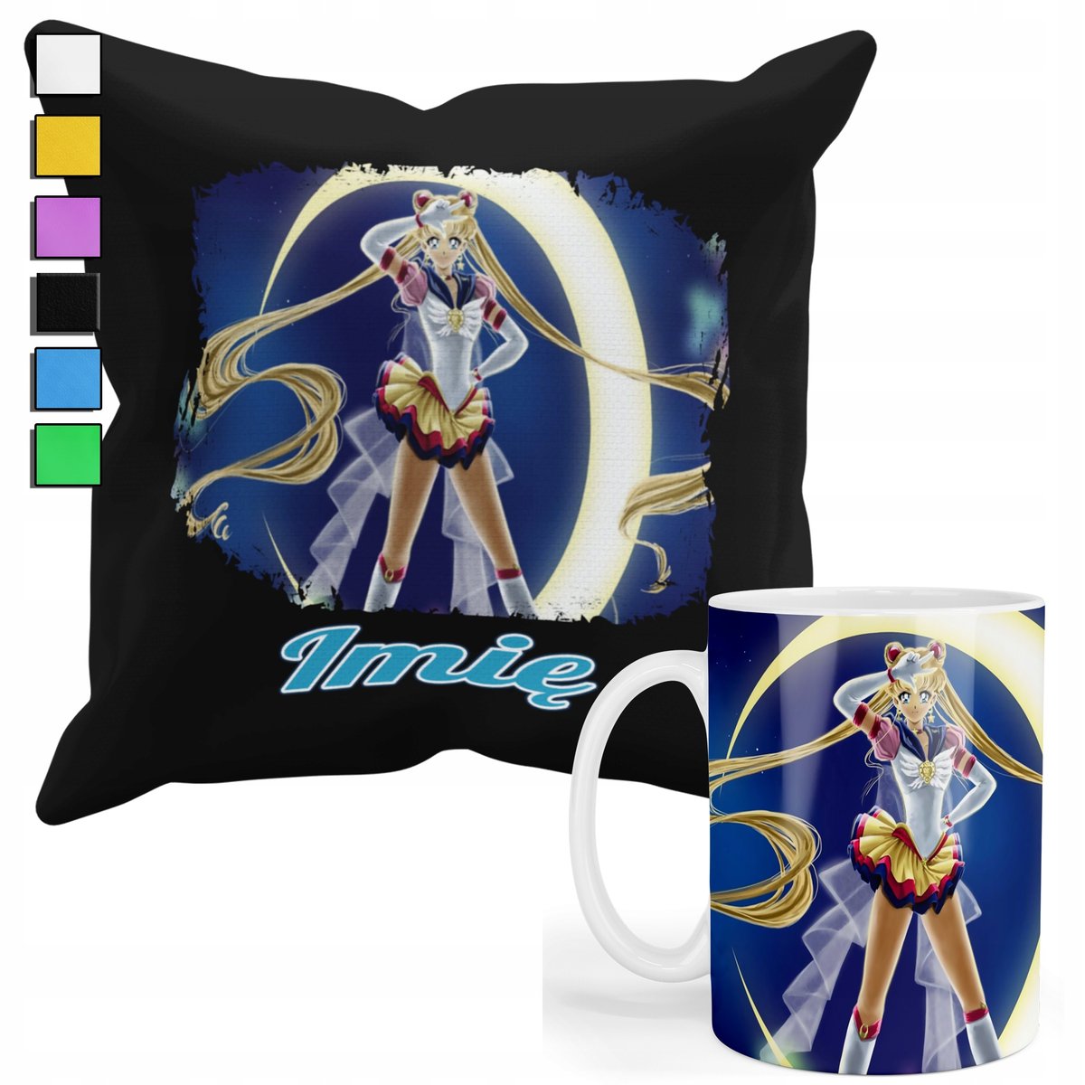 ZESTAW KUBEK + POSZEWKA Z NADRUKIEM-DLA FANA SAILOR MOON CZARODZIEJKI +IMIĘ