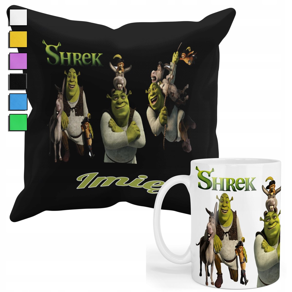 ZESTAW KUBEK + PODUSZKA Z POSZEWKĄ- PREZENT DLA FANA SHREEK FILM + IMIĘ