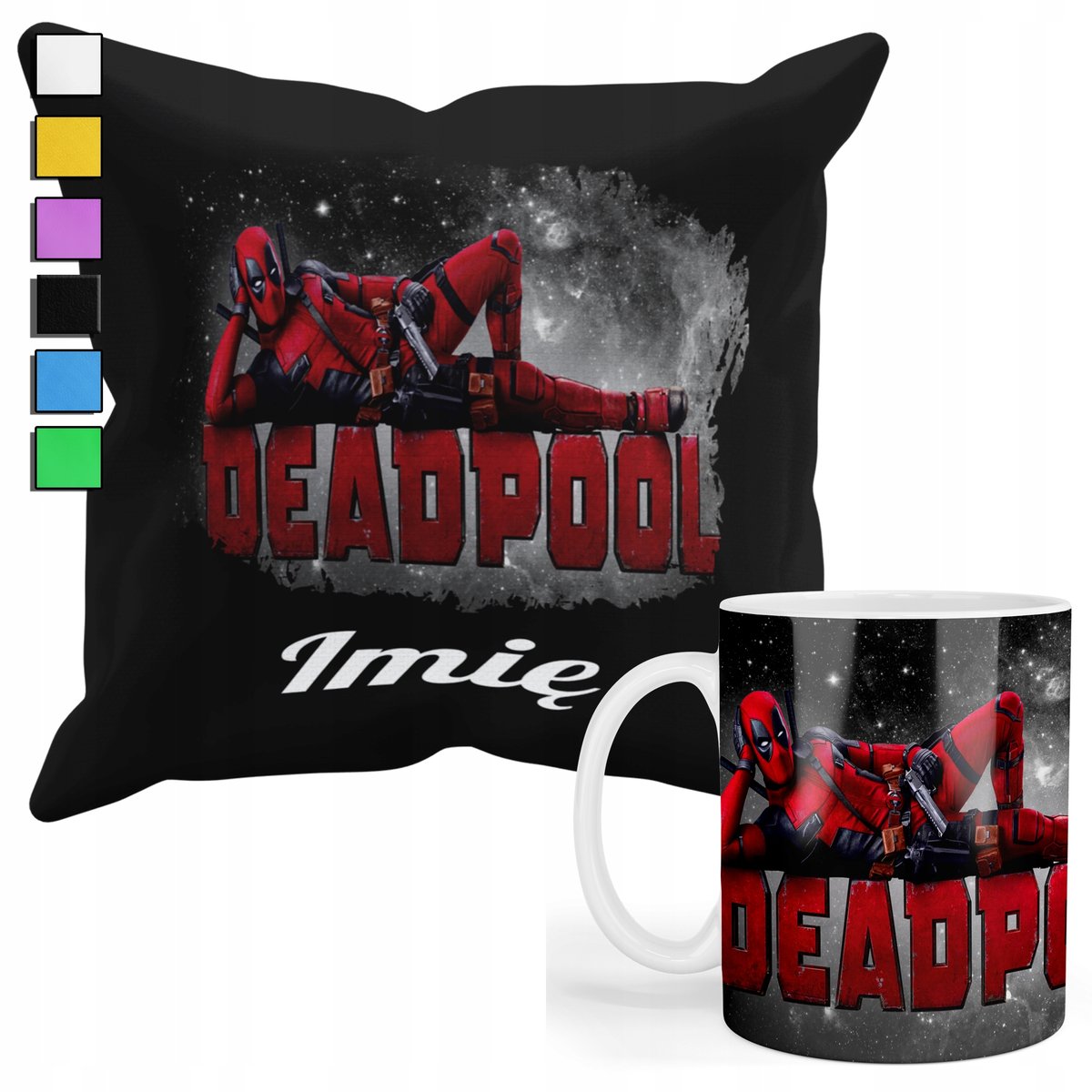 ZESTAW KUBEK + PODUSZKA Z POSZEWKĄ- PREZENT DLA FANA DEADPOOL + IMIĘ